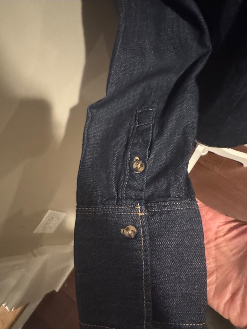 H & M Divided dark denim cotton button up top with tie at the neck, size S - Picture 11 of 14
